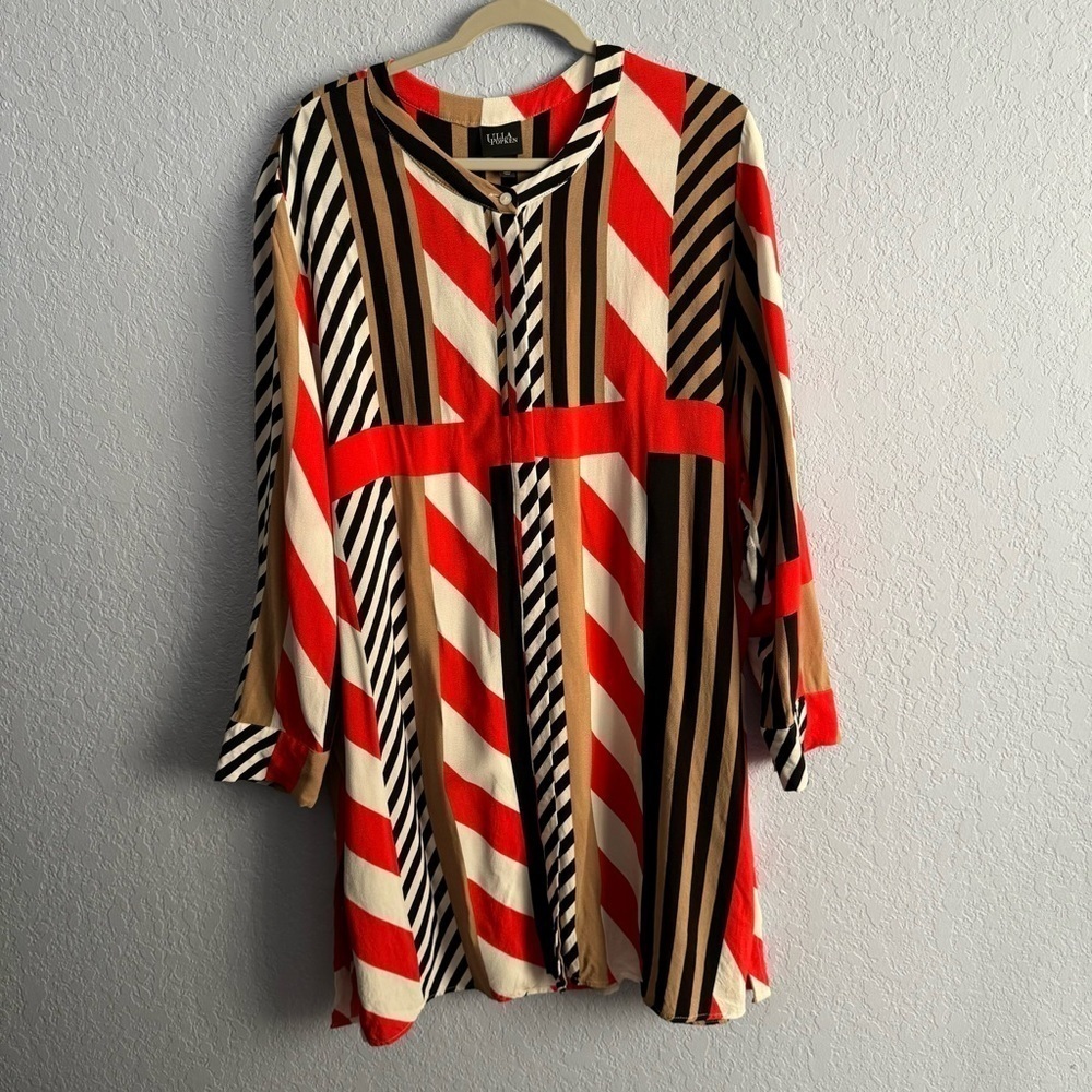 Ulla Popken Patchwork Mixed Stripe Long Sleeve Button Down Plus Size Tunic Dress